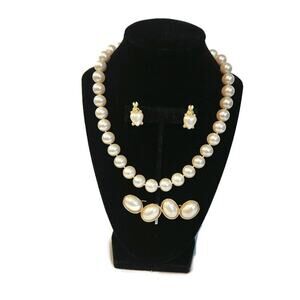 Women's Faux Pearl Necklace Earrings Brooch 3-Piece Set